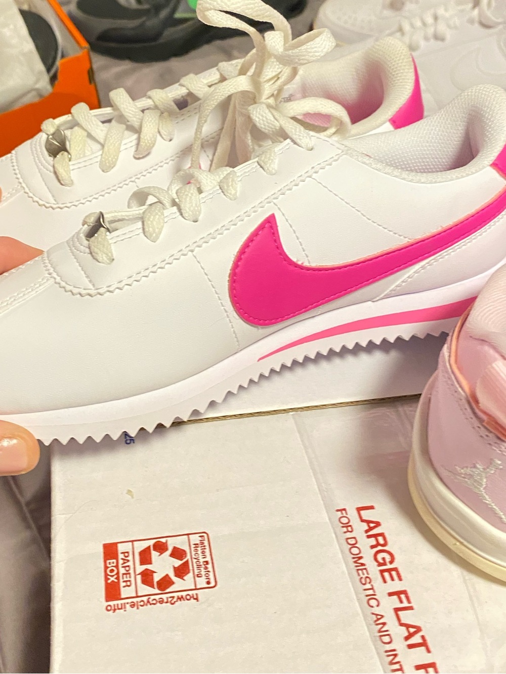 Nike Women's White Sneakers with Hot Pink Swoosh